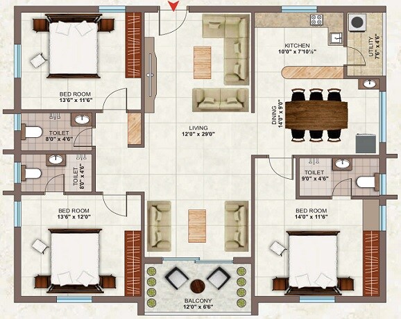 Floor plan of 3 BHK 1787 Sq. Ft. Apartment in Infocity Premlatha Grandeur, Hyderabad