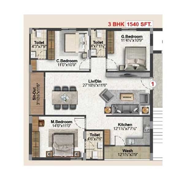 Floor plan of 3 BHK 1540 Sq. Ft. Apartment in Inspire Blooms, Hyderabad