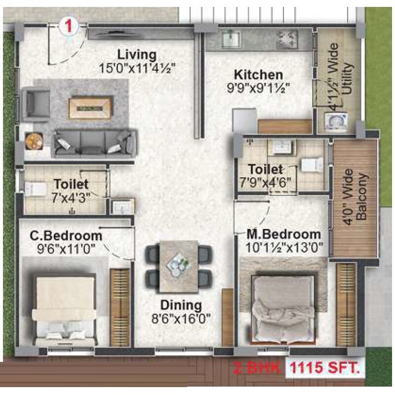 Floor plan of 2 BHK 1115 Sq. Ft. Apartment in Inspire Four Square, Hyderabad