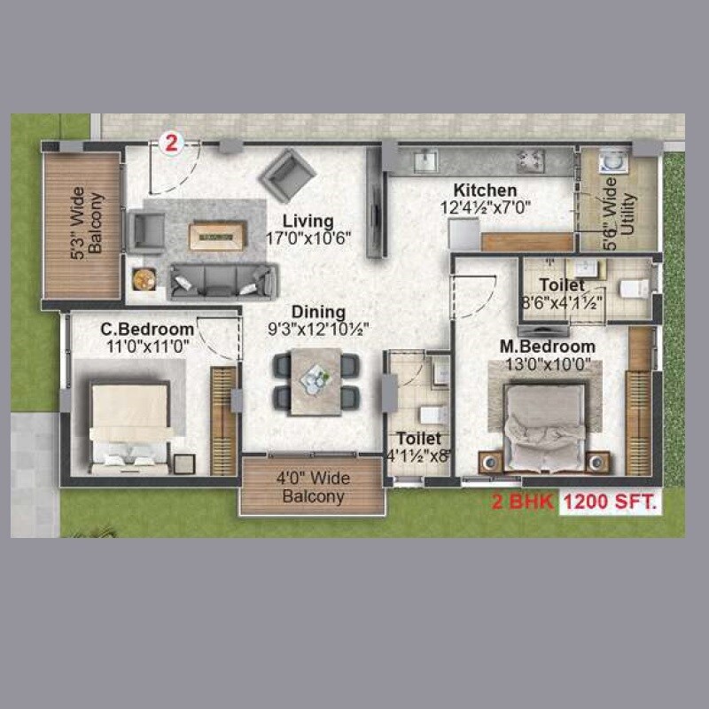 Floor plan of 2 BHK 1200 Sq. Ft. Apartment in Inspire Four Square, Hyderabad