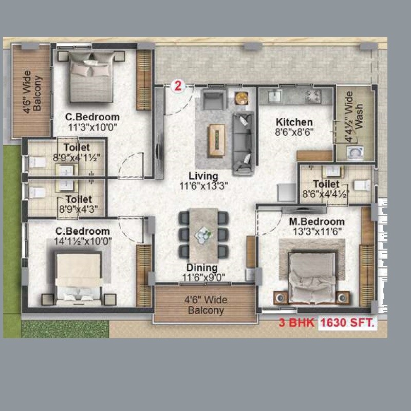 Floor plan of 3 BHK 1630 Sq. Ft. Apartment in Inspire Four Square, Hyderabad