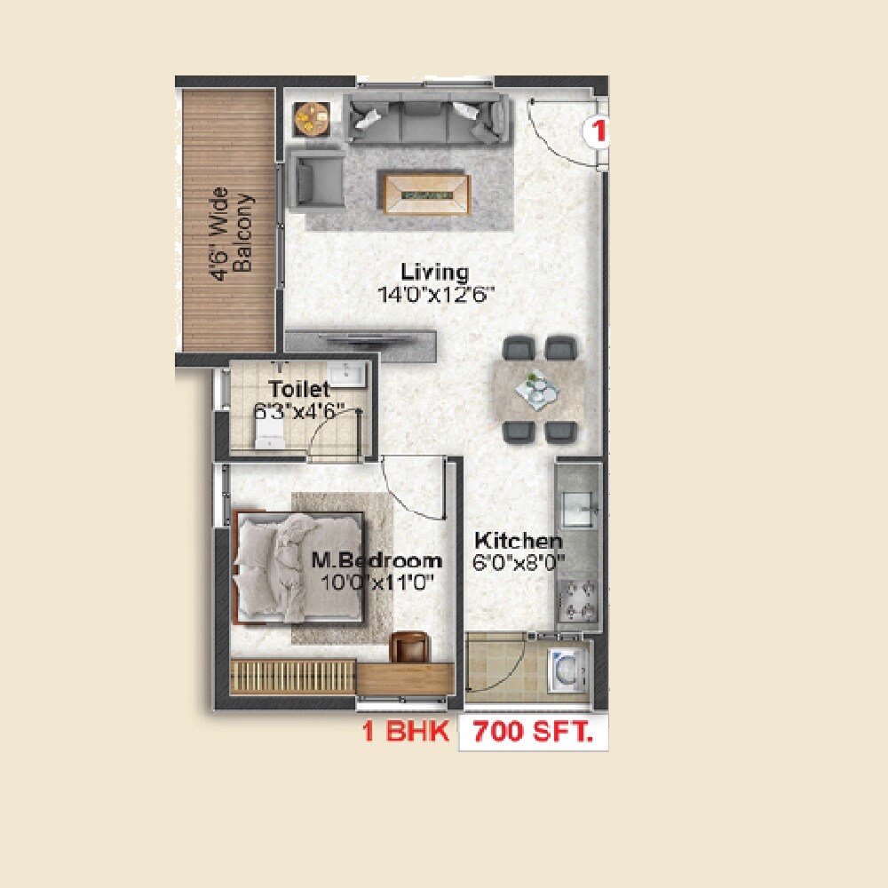 Floor plan of 1 BHK 700 Sq. Ft. Apartment in Inspire Topaz, Hyderabad