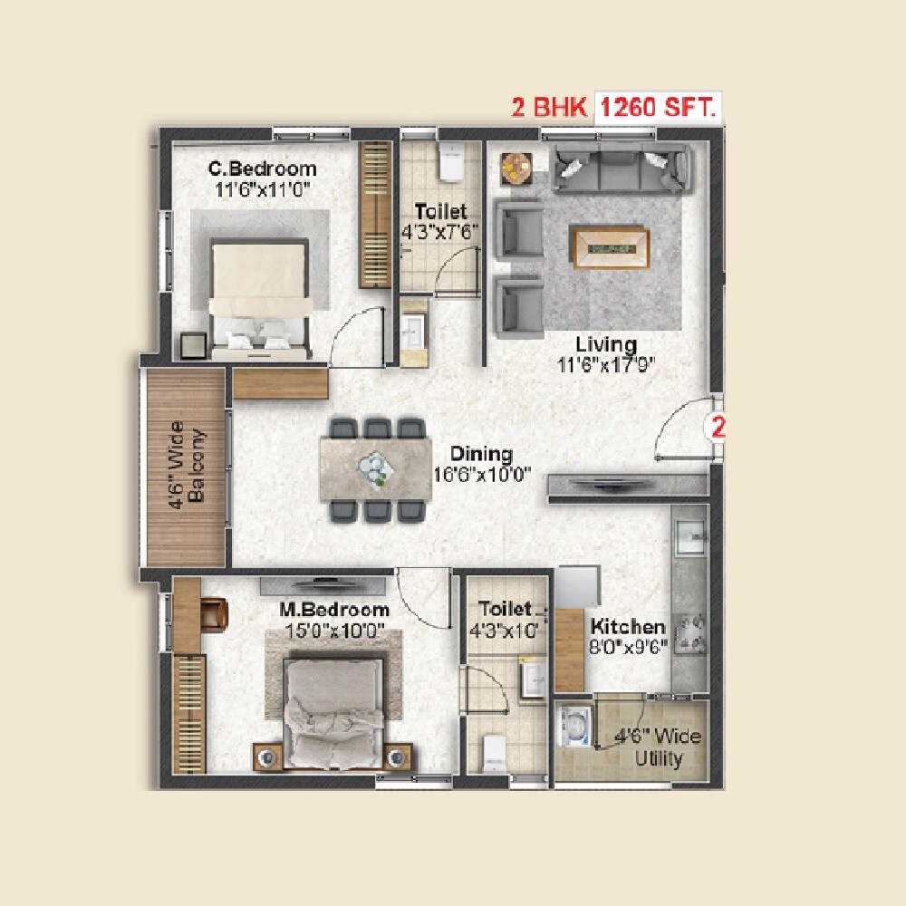 Floor plan of 2 BHK 1260 Sq. Ft. Apartment in Inspire Topaz, Hyderabad