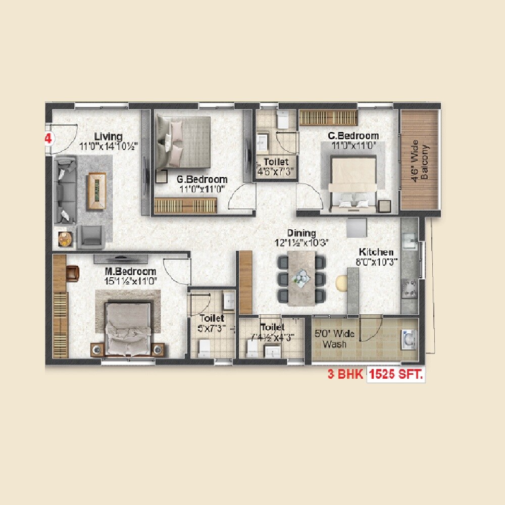Floor plan of 3 BHK 1525 Sq. Ft. Apartment in Inspire Topaz, Hyderabad