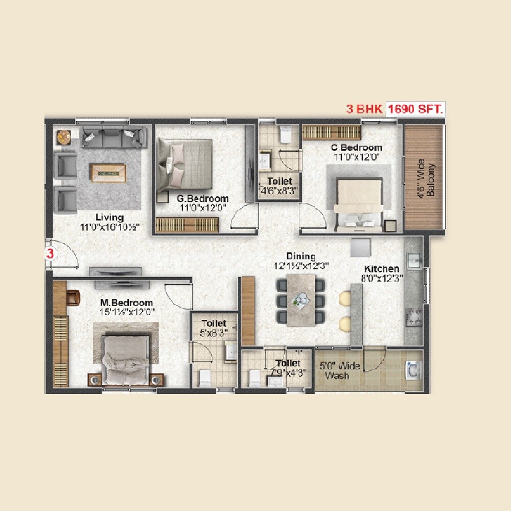 Floor plan of 3 BHK 1690 Sq. Ft. Apartment in Inspire Topaz, Hyderabad
