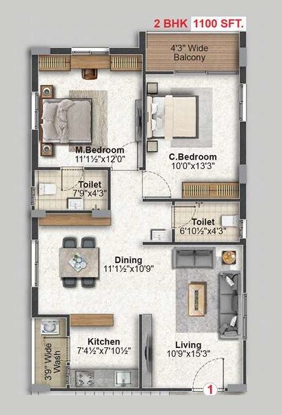 Floor plan of 2 BHK 1100 Sq. Ft. Apartment in Inspire Twin Diamond, Hyderabad