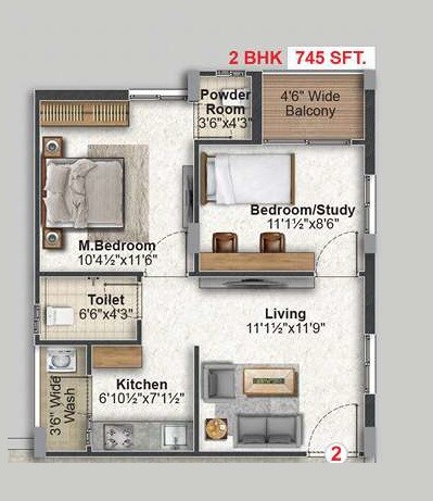 Floor plan of 2 BHK 745 Sq. Ft. Apartment in Inspire Twin Diamond, Hyderabad