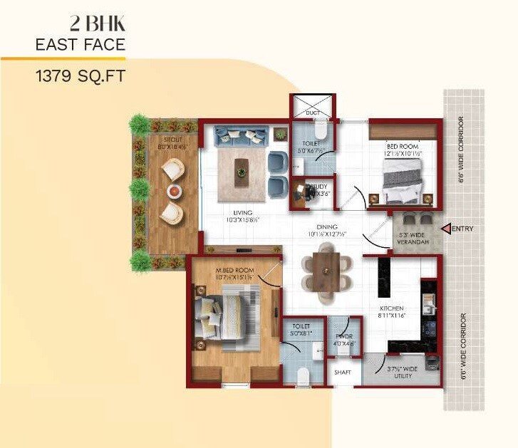Floor plan of 2 BHK 1379 Sq. Ft. Apartment in Invitation Green Fields, Hyderabad