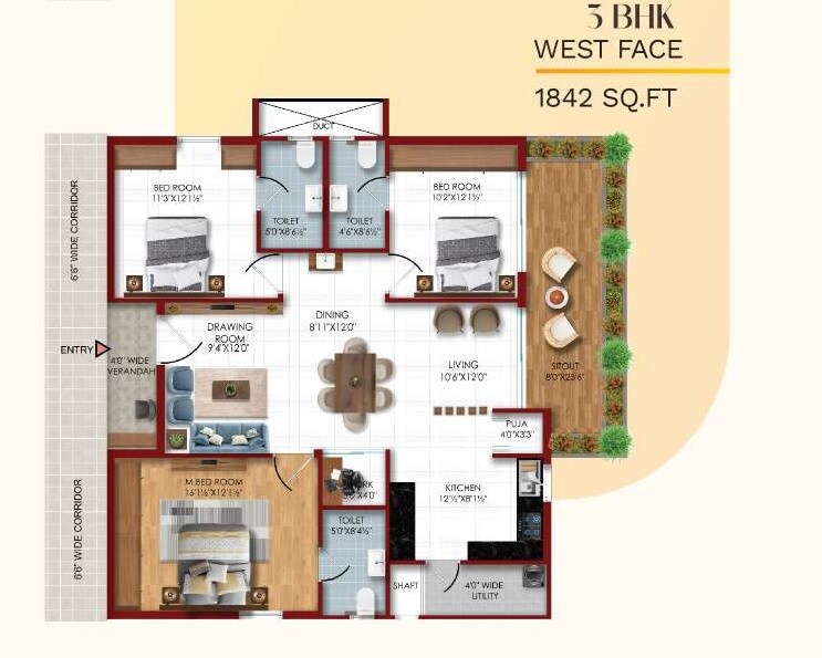 Floor plan of 3 BHK 1842 Sq. Ft. Apartment in Invitation Green Fields, Hyderabad