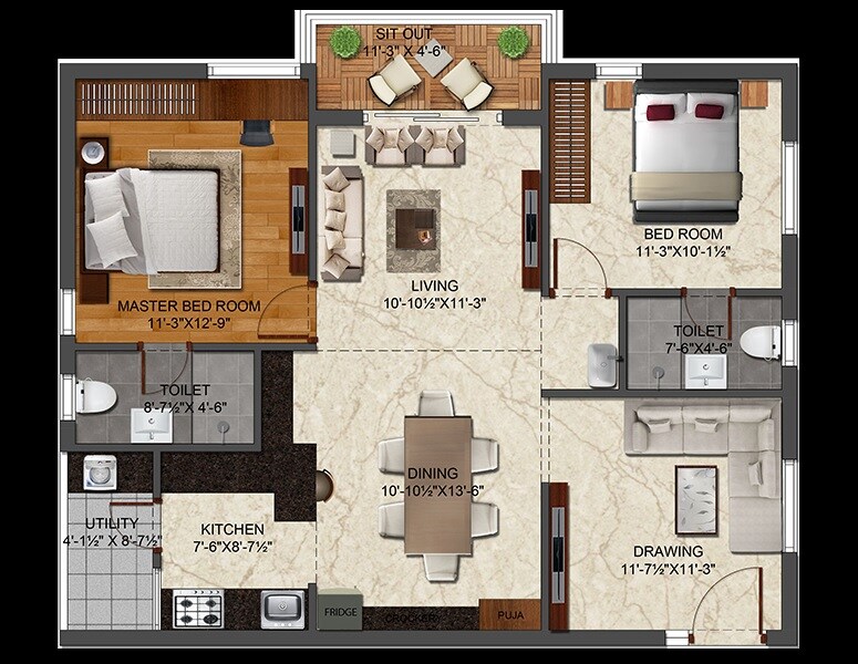 Floor plan of 2 BHK 1295 Sq. Ft. Apartment in IRA Aspiration, Hyderabad