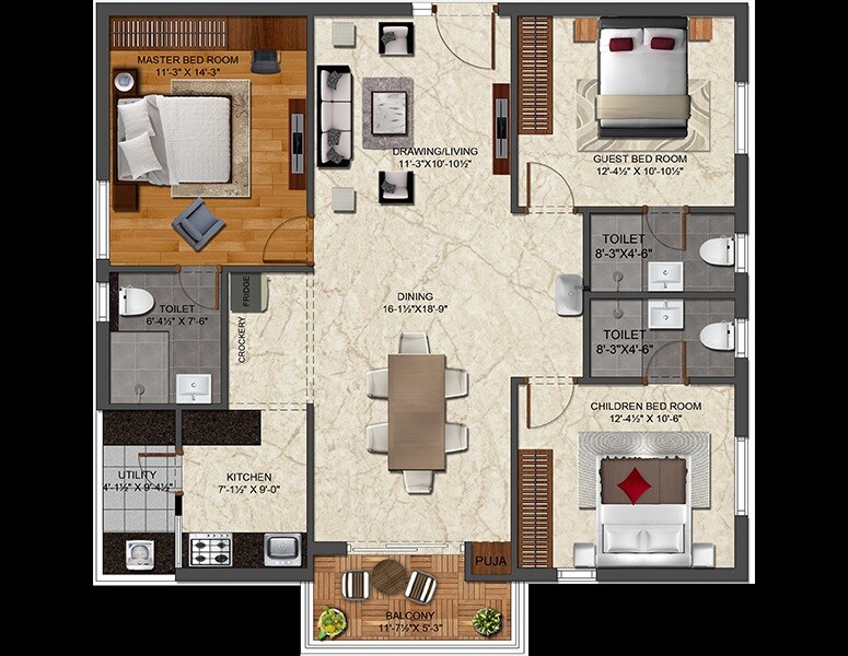 Floor plan of 3 BHK 1595 Sq. Ft. Apartment in IRA Aspiration, Hyderabad