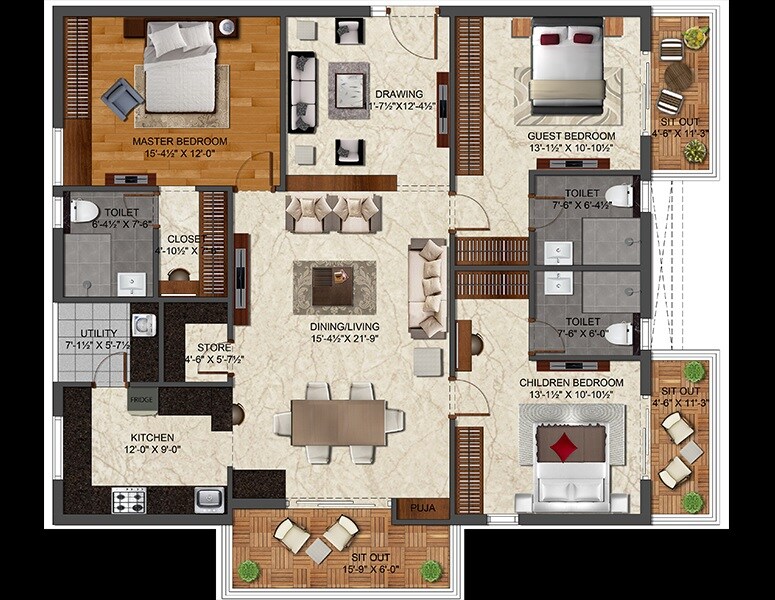 Floor plan of 3 BHK 2195 Sq. Ft. Apartment in IRA Aspiration, Hyderabad