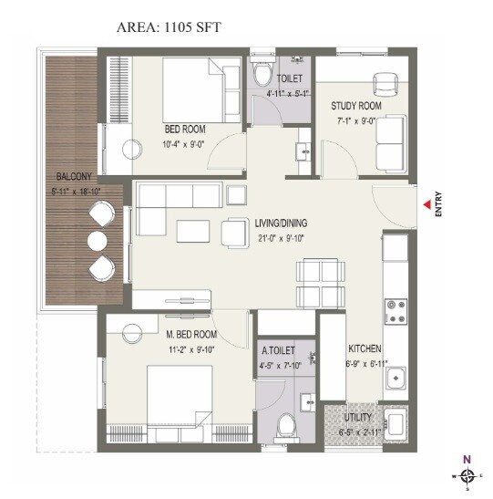 Floor plan of 2 BHK 1105 Sq. Ft. Apartment in IRA M3, Hyderabad