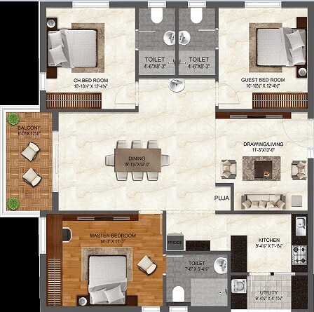 Floor plan of 3 BHK 1655 Sq. Ft. Apartment in IRA Miracle, Hyderabad