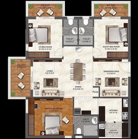 Floor plan of 3 BHK 1855 Sq. Ft. Apartment in IRA Miracle, Hyderabad