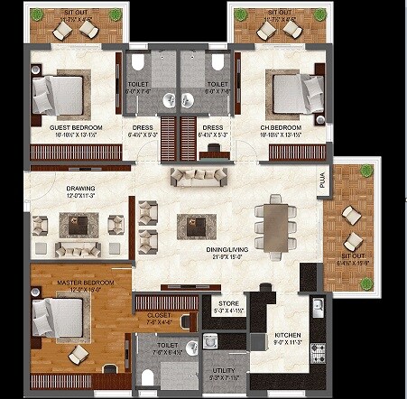 Floor plan of 3 BHK 2155 Sq. Ft. Apartment in IRA Miracle, Hyderabad