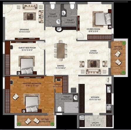 Floor plan of 3 BHK 2455 Sq. Ft. Apartment in IRA Miracle, Hyderabad