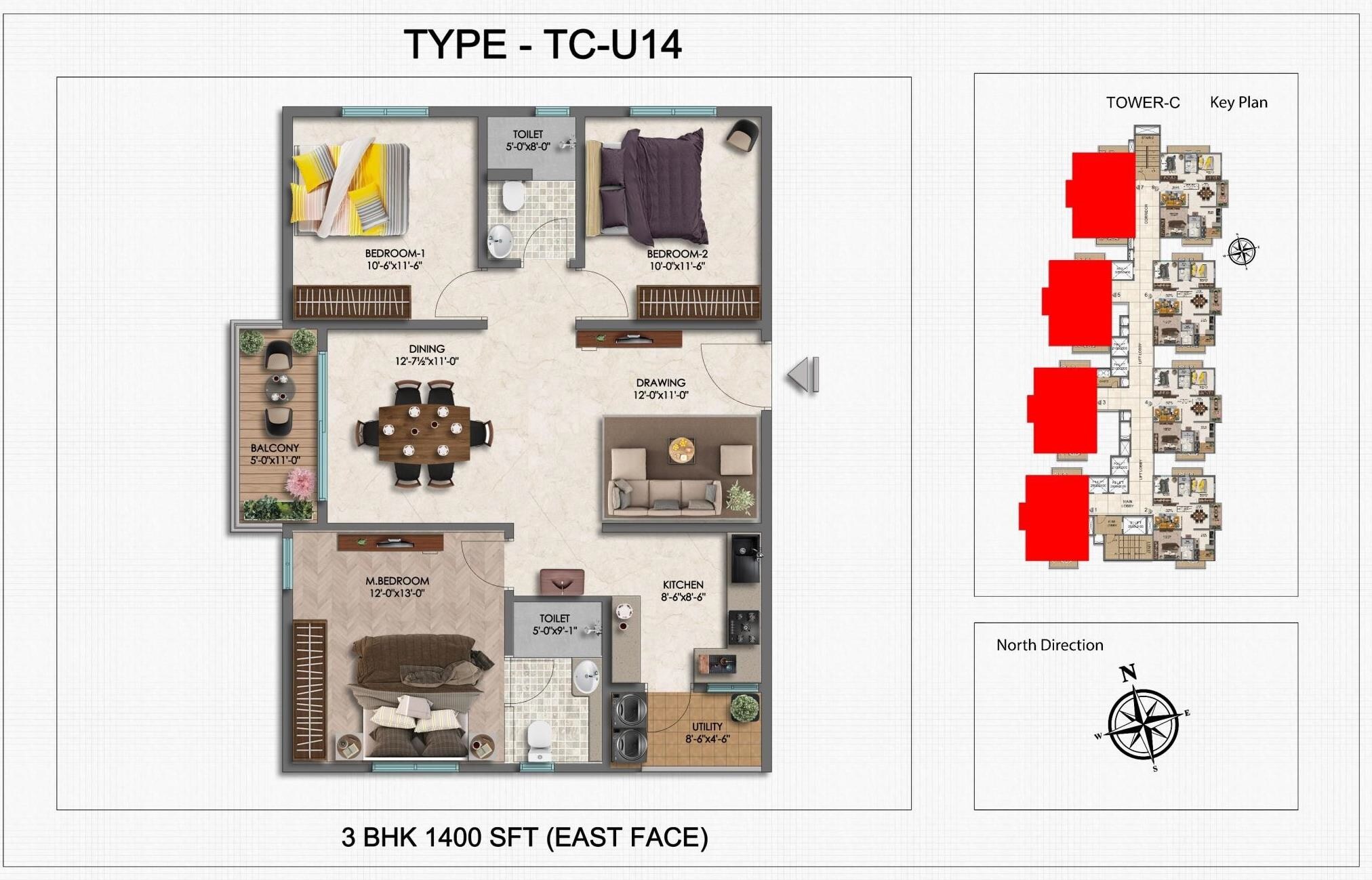 Floor plan of 3 BHK 1400 Sq. Ft. Apartment in IRA Moon Glade, Hyderabad