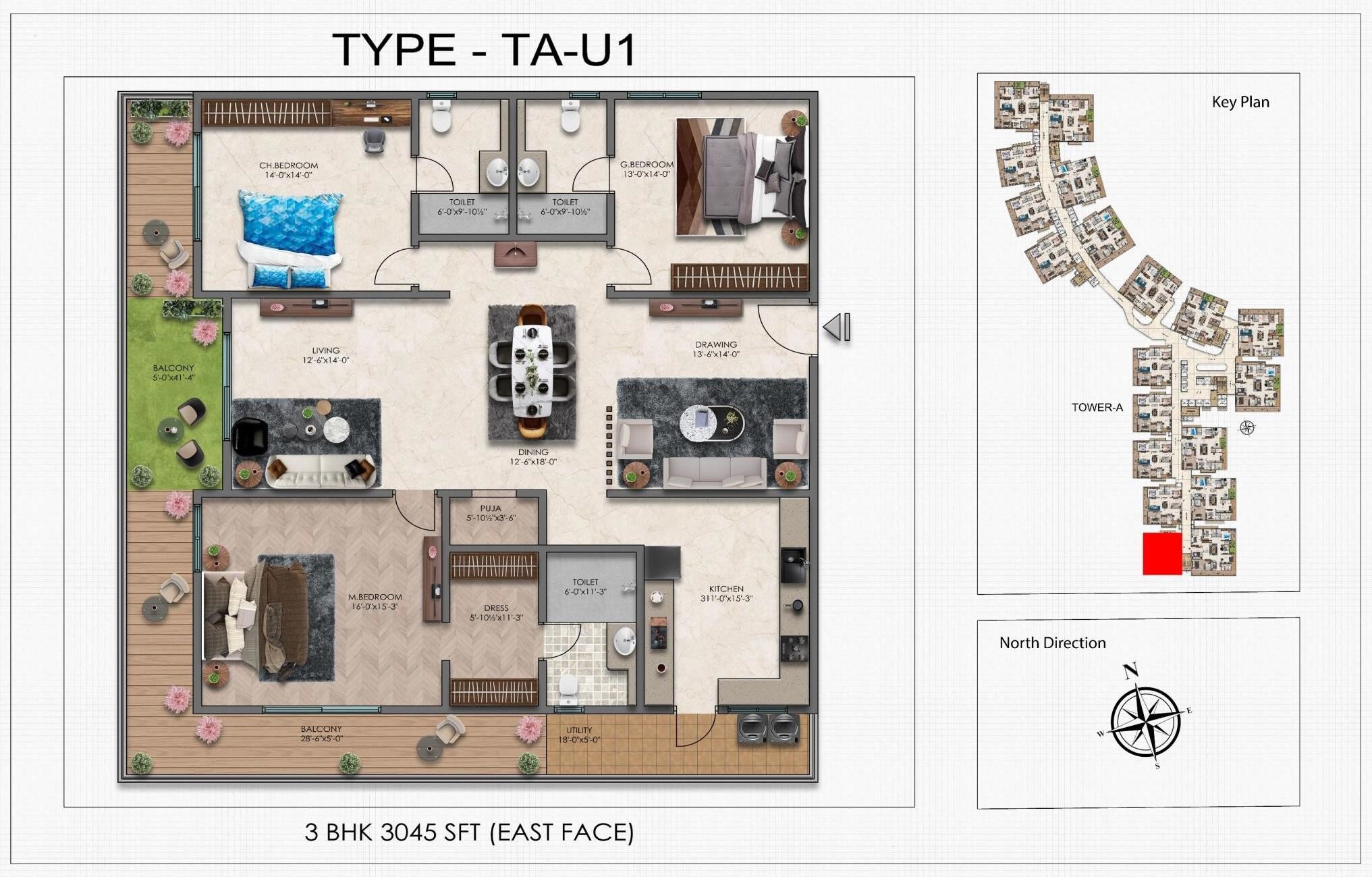 Floor plan of 3 BHK 3045 Sq. Ft. Apartment in IRA Moon Glade, Hyderabad