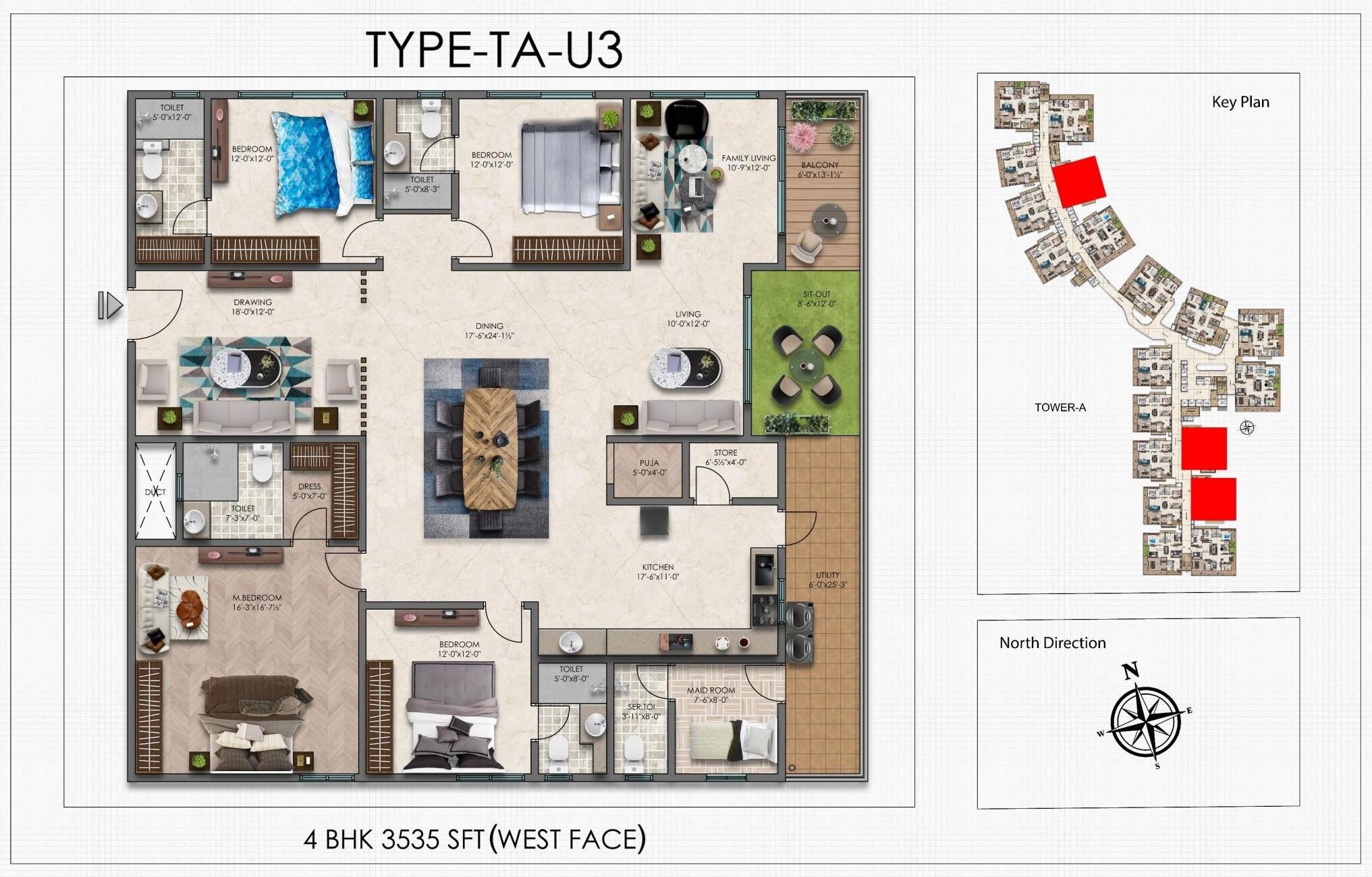 Floor plan of 4 BHK 3535 Sq. Ft. Apartment in IRA Moon Glade, Hyderabad