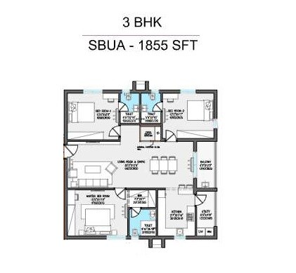Floor plan of 3 BHK 1855 Sq. Ft. Apartment in IRA Nilay, Hyderabad