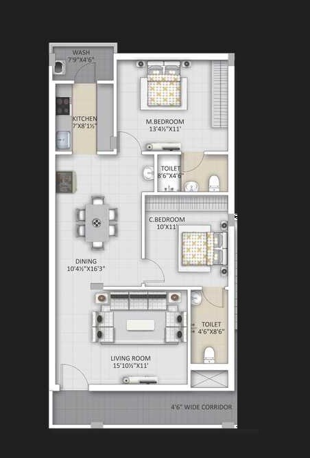 Floor plan of 2 BHK 1260 Sq. Ft. Apartment in Ista Ayukta, Hyderabad