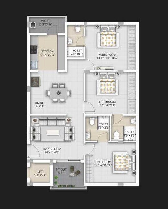 Floor plan of 3 BHK 1525 Sq. Ft. Apartment in Ista Ayukta, Hyderabad