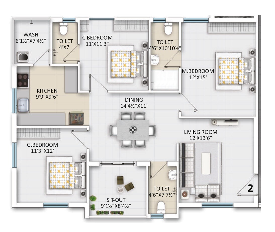 Floor plan of 3 BHK 1535 Sq. Ft. Apartment in Ista Elite, Hyderabad