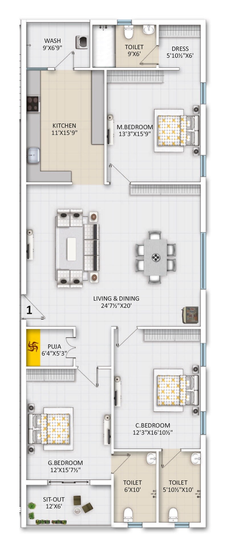 Floor plan of 3 BHK 2340 Sq. Ft. Apartment in Ista Elite, Hyderabad