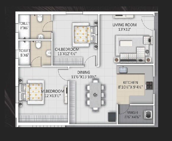 Floor plan of 2 BHK 1332 Sq. Ft. Apartment in Ista NR square, Hyderabad