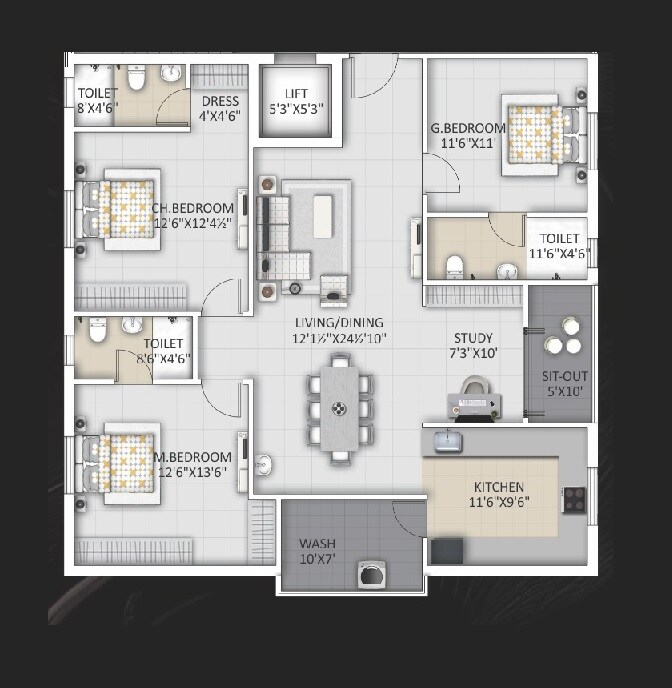 Floor plan of 3 BHK 1785 Sq. Ft. Apartment in Ista NR square, Hyderabad