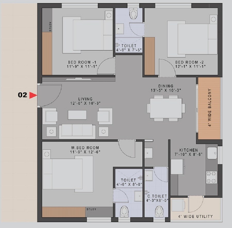 Floor plan of 3 BHK 1373 Sq. Ft. Apartment in Jade One, Hyderabad