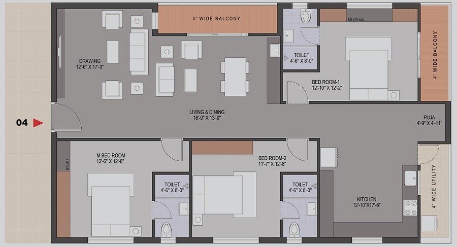 Floor plan of 3 BHK 2061 Sq. Ft. Apartment in Jade One, Hyderabad