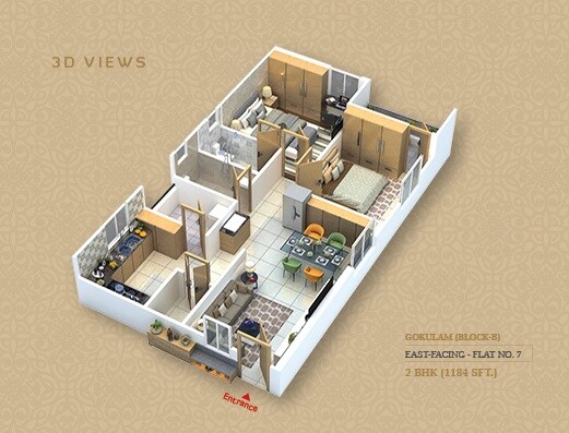 Floor plan of 2 BHK 1184 Sq. Ft. Apartment in Jai Vaasavi Brundavanam Apartment, Hyderabad