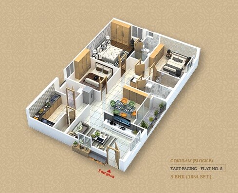 Floor plan of 3 BHK 1654 Sq. Ft. Apartment in Jai Vaasavi Brundavanam Apartment, Hyderabad