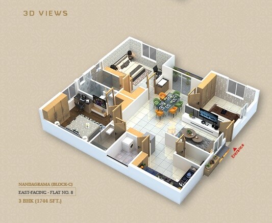 Floor plan of 3 BHK 1774 Sq. Ft. Apartment in Jai Vaasavi Brundavanam Apartment, Hyderabad