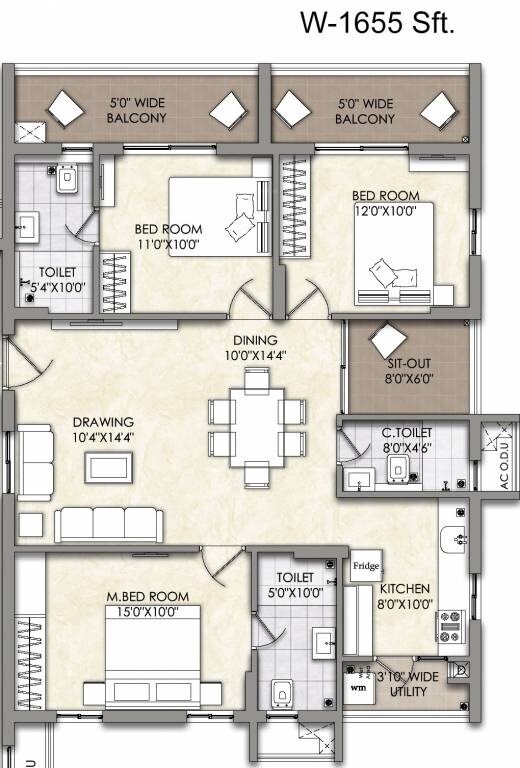 3 BHK 1655 Sq. Ft. Apartment