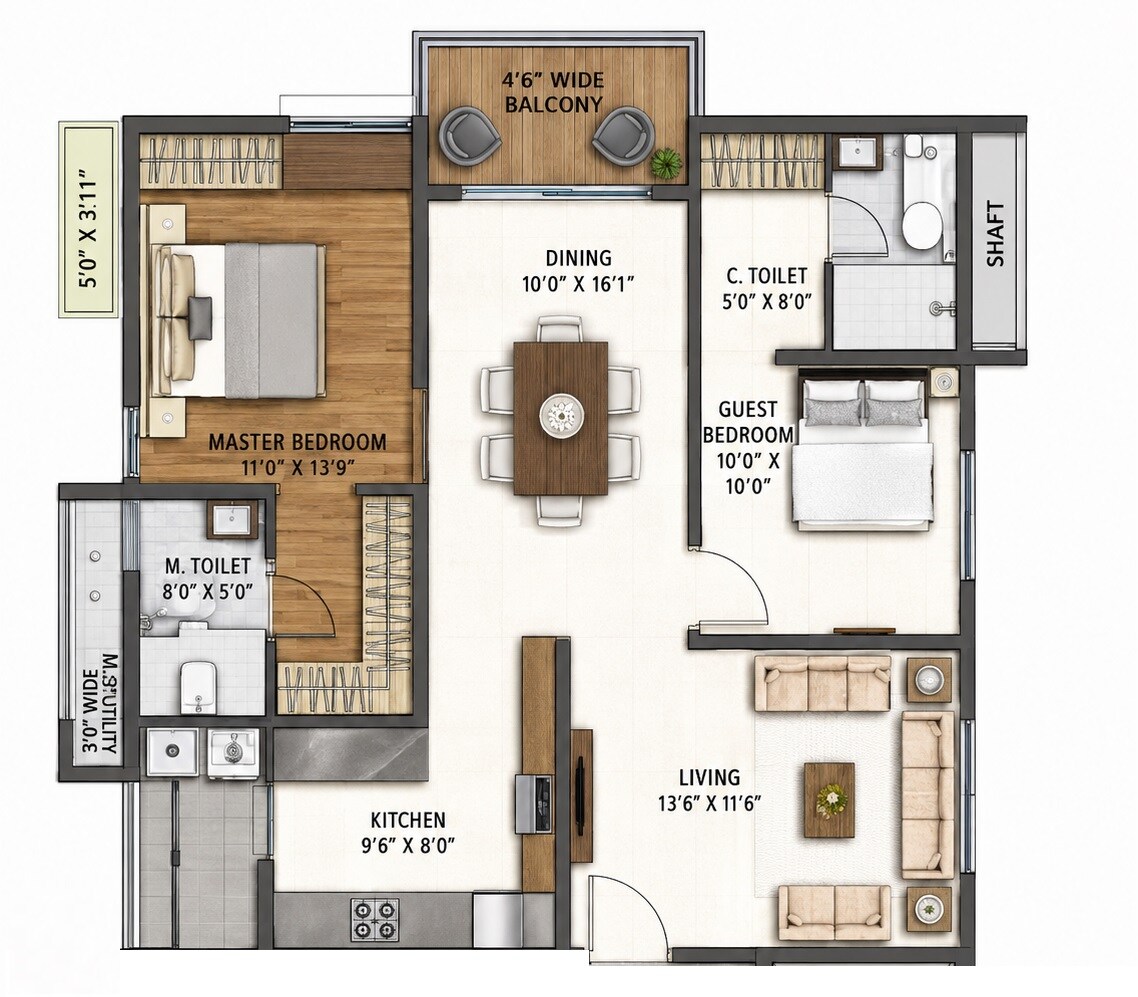 Floor plan of 2 BHK 1378 Sq. Ft. Apartment in Jain Central Park East And RNK Capital Park, Hyderabad