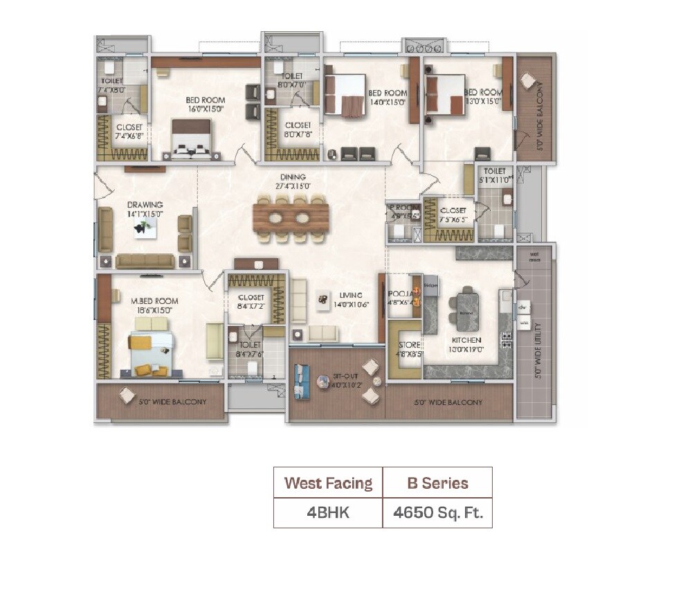 Floor plan of 4 BHK 4650 Sq. Ft. Apartment in Jain Pramukh Samriddhi Towers, Hyderabad