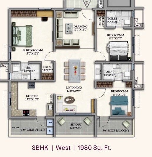 3 BHK 1980 Sq. Ft. Apartment
