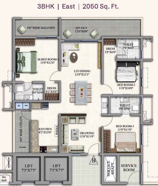 3 BHK 2050 Sq. Ft. Apartment