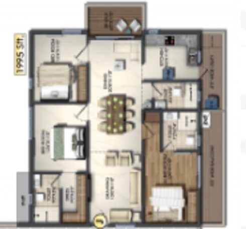 Floor plan of 3 BHK 1995 Sq. Ft. Apartment in Jain Sri Ram Garden, Hyderabad