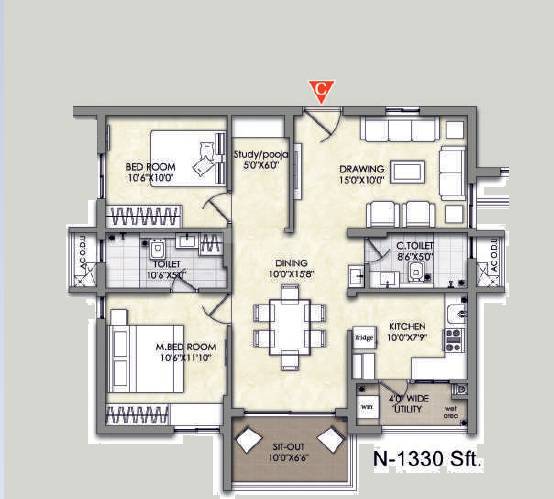 Floor plan of 2 BHK 1330 Sq. Ft. Apartment in Jains Balaji Big Town, Hyderabad