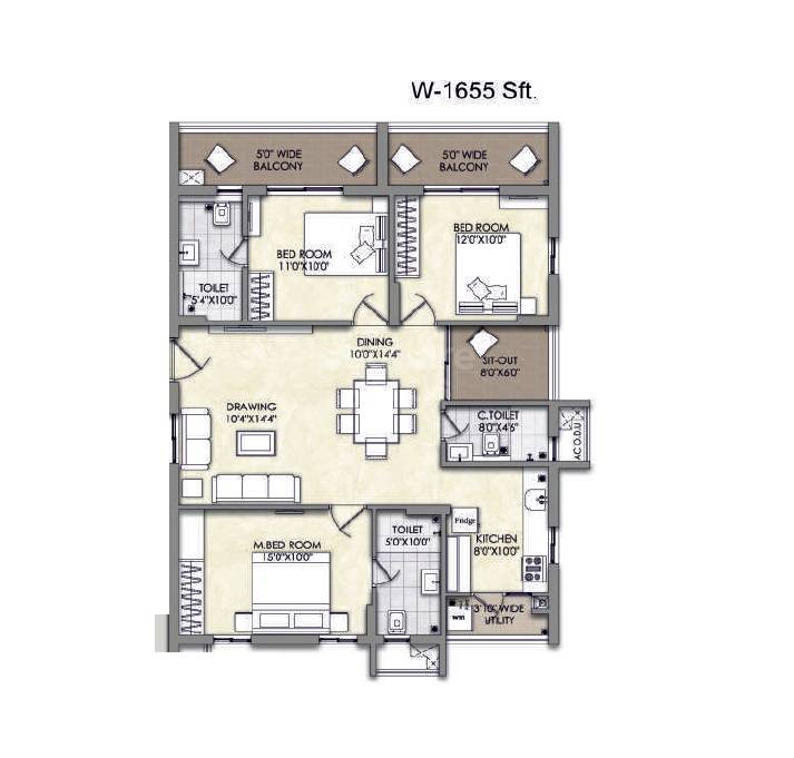 Floor plan of 3 BHK 1655 Sq. Ft. Apartment in Jains Balaji Big Town, Hyderabad