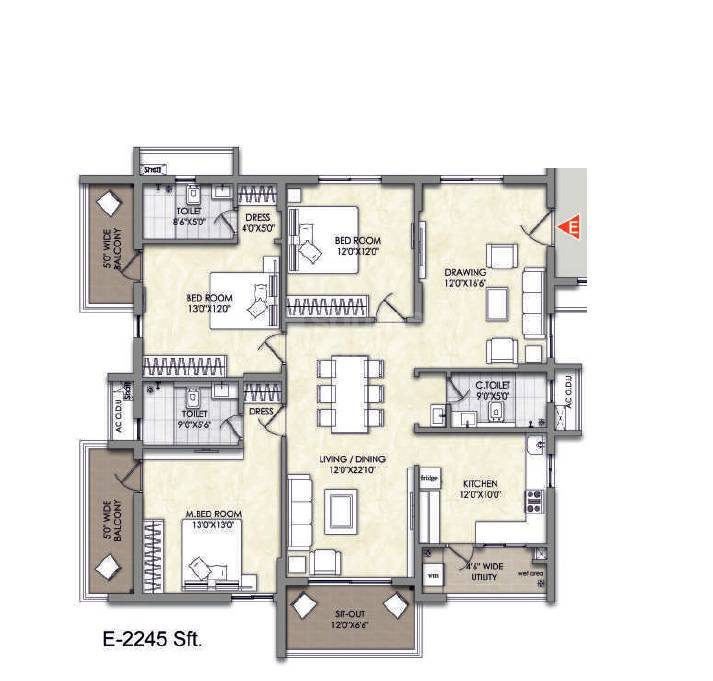 Floor plan of 3 BHK 2245 Sq. Ft. Apartment in Jains Balaji Big Town, Hyderabad