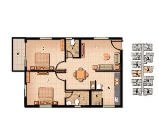 Floor plan of 2 BHK 944 Sq. Ft. Apartment in Jains Carlton Creek, Hyderabad