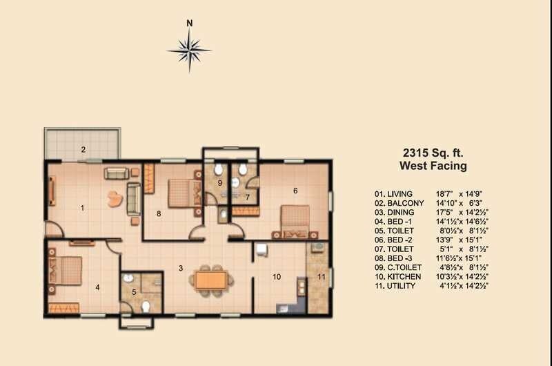 Floor plan of 3 BHK 2315 Sq. Ft. Apartment in Jains Carlton Creek, Hyderabad
