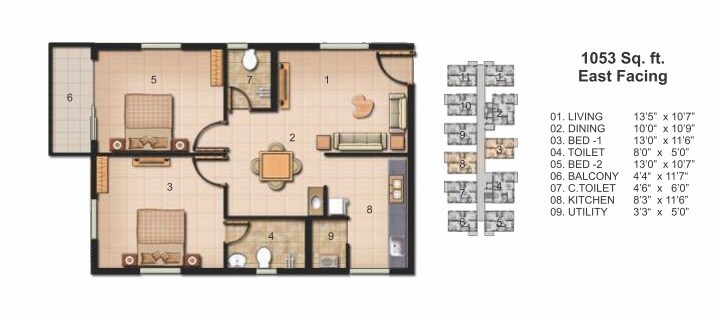 Floor plan of 2 BHK 1053 Sq. Ft. Apartment in Jains Carlton Creek Phase 2, Hyderabad