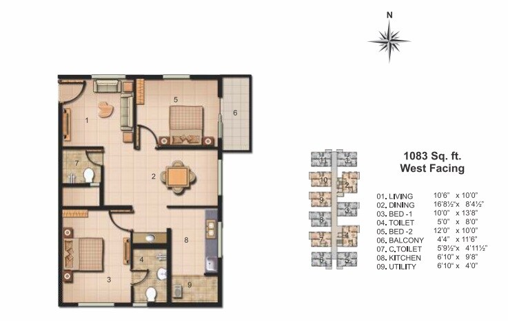 Floor plan of 2 BHK 1083 Sq. Ft. Apartment in Jains Carlton Creek Phase 2, Hyderabad