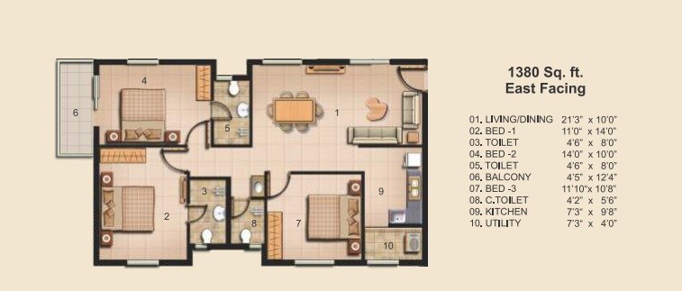 Floor plan of 3 BHK 1380 Sq. Ft. Apartment in Jains Carlton Creek Phase 2, Hyderabad